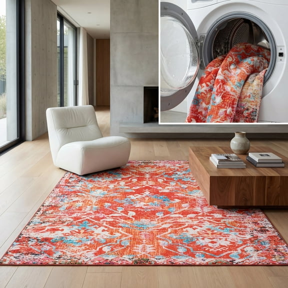 SAFAVIEH Riviera Dzvezda Abstract Polyester Machine Washable Area Rug, Orange/Light Blue, 6'7" x 6'7" Square