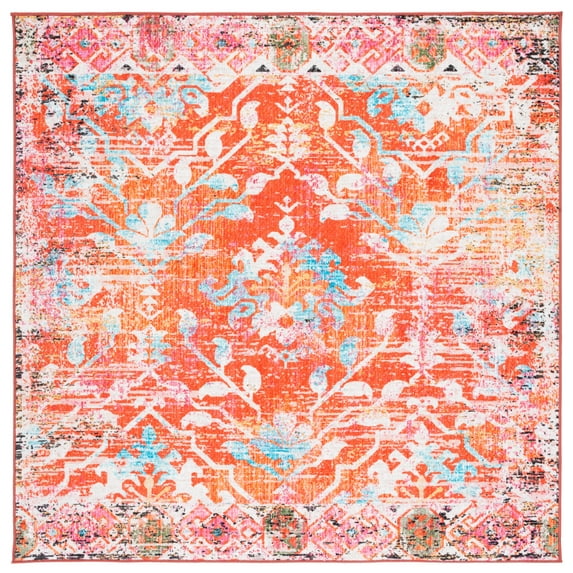 SAFAVIEH Riviera Dzvezda Abstract Polyester Machine Washable Area Rug, Orange/Light Blue, 6'7" x 6'7" Square