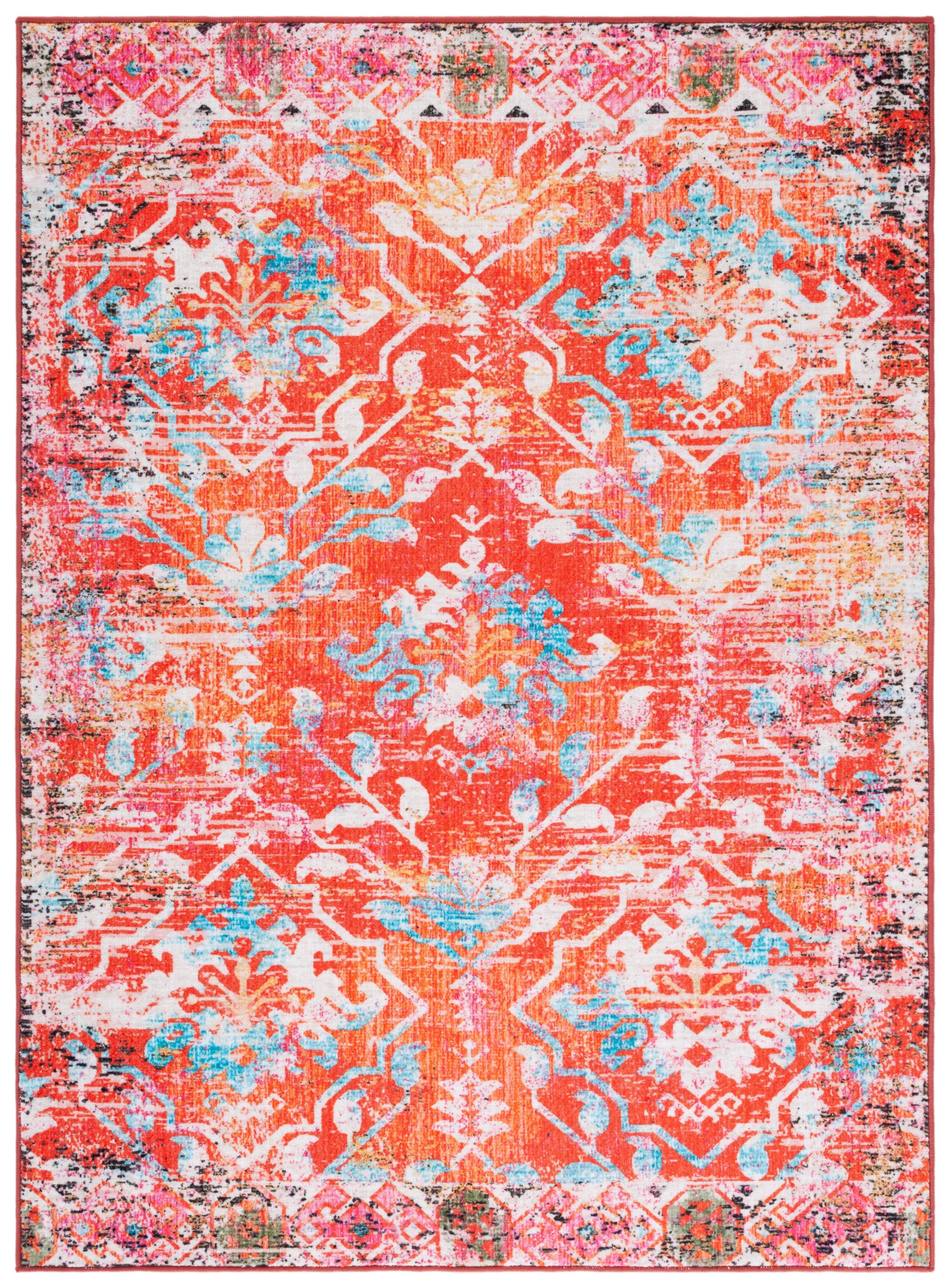 Orange and Light Blue 8' x 10' Synthetic Washable Area Rug