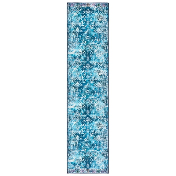 SAFAVIEH Riviera Dzvezda Abstract Polyester Machine Washable Runner Rug, Navy/Light Blue, 2'2" x 9'