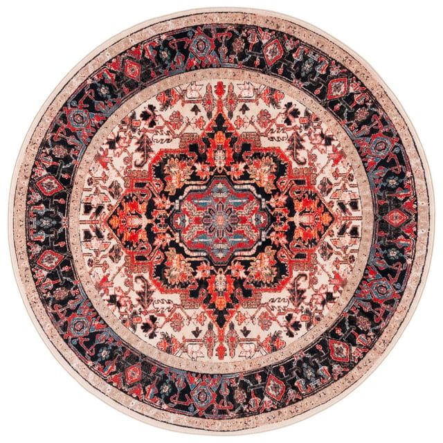 SAFAVIEH Riviera Ellie Medallion Polyester Machine Washable Area Rug, Ivory/Blue, 6'7" x 6'7" Round