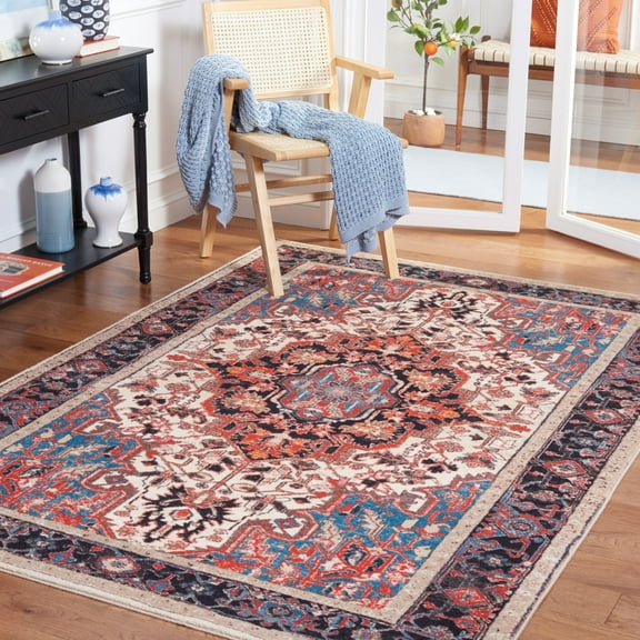 SAFAVIEH Riviera Ellie Medallion Polyester Machine Washable Runner Rug, Ivory/Blue, 2'2" x 9'