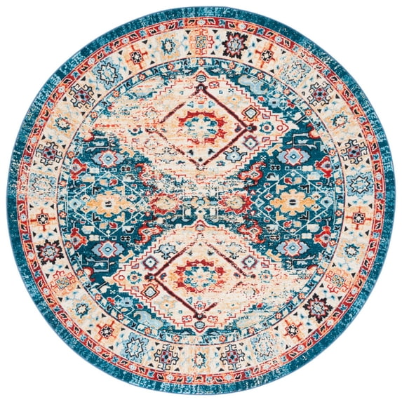 SAFAVIEH Riviera Jacob Oriental Polyester Machine Washable Area Rug, Blue/Gold, 6'7" x 6'7" Round
