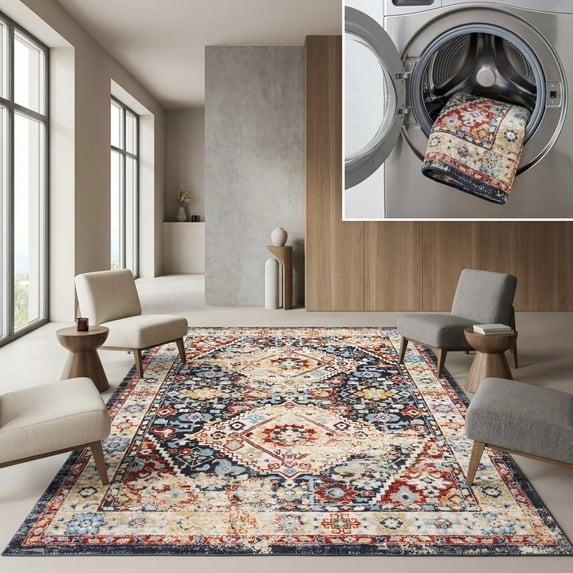 SAFAVIEH Riviera Jacob Oriental Polyester Machine Washable Area Rug, Charcoal/Gold, 7'9" x 10'