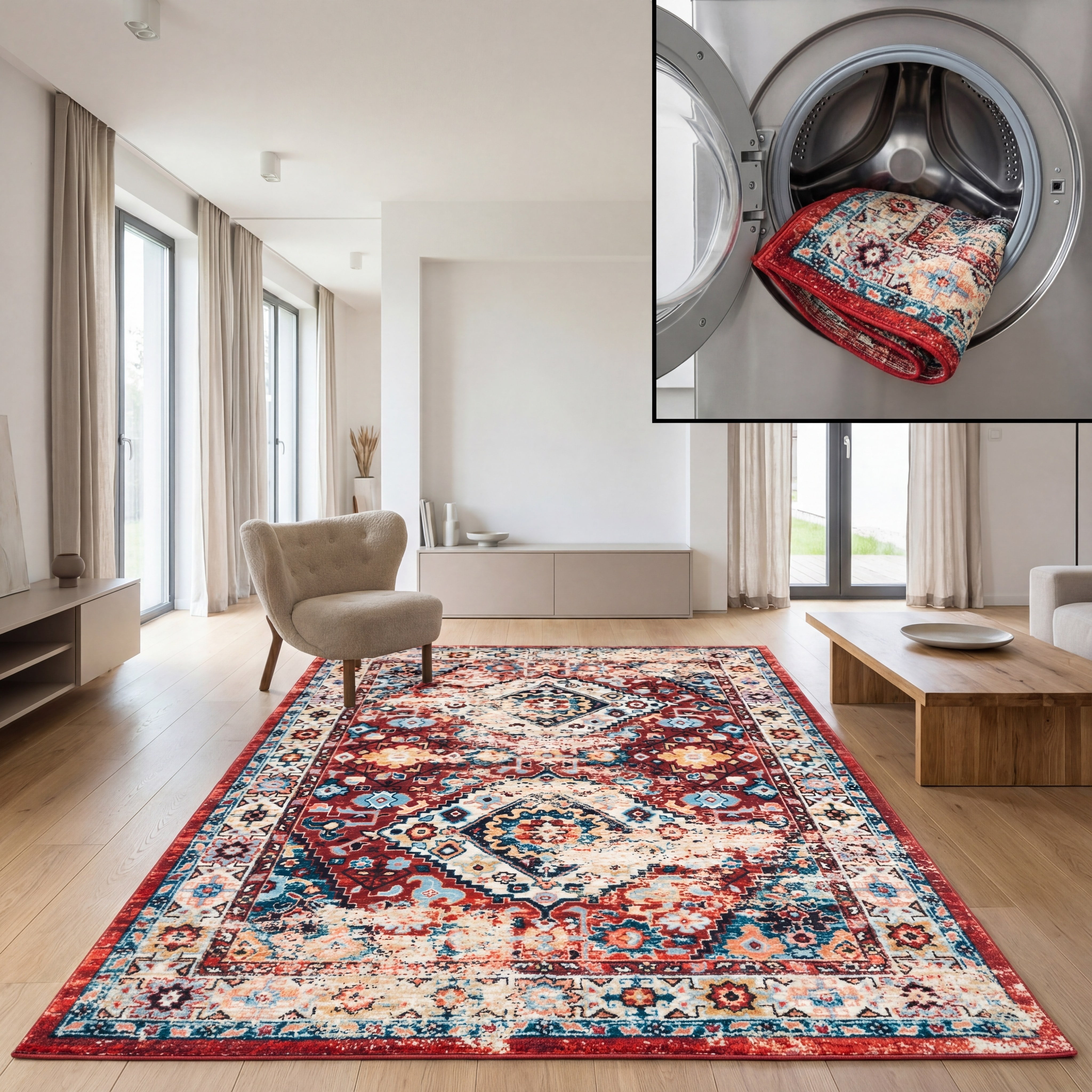 SAFAVIEH Riviera Jacob Oriental Polyester Machine Washable Area Rug, Red/Blue, 4'5" x 6'