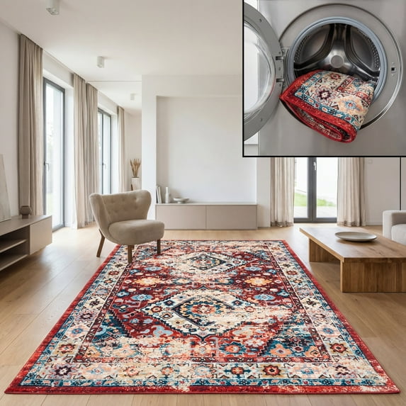 SAFAVIEH Riviera Jacob Oriental Polyester Machine Washable Area Rug, Red/Blue, 5'5" x 7'7"