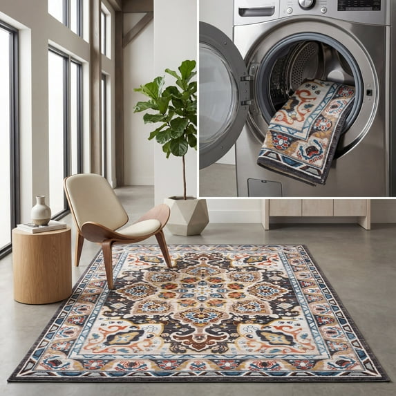 SAFAVIEH Riviera Ulysses Medallion Polyester Machine Washable Area Rug, Beige/Charcoal, 5'5" x 7'7"