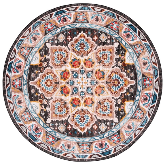 SAFAVIEH Riviera Ulysses Medallion Polyester Machine Washable Area Rug, Beige/Charcoal, 6'7" x 6'7" Round