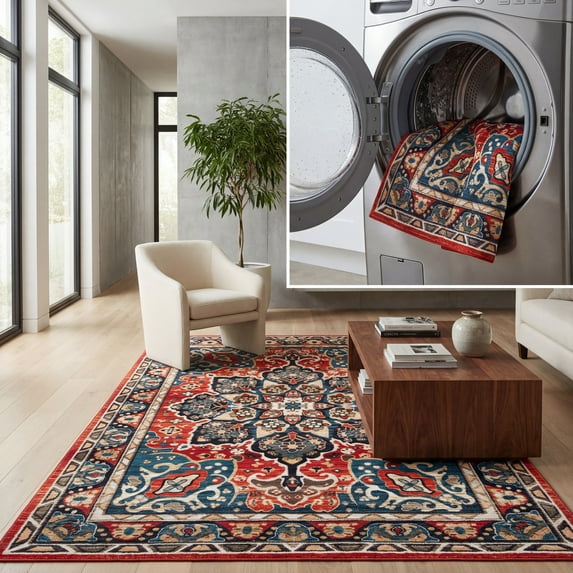 SAFAVIEH Riviera Ulysses Medallion Polyester Machine Washable Area Rug, Black/Red, 7'9" x 10'