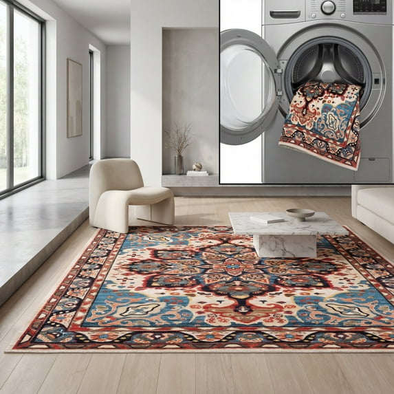 SAFAVIEH Riviera Ulysses Medallion Polyester Machine Washable Area Rug, Blue/Beige, 5'5" x 7'7"