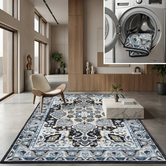 SAFAVIEH Riviera Ulysses Medallion Polyester Machine Washable Area Rug, Grey/Light Blue, 6'7" x 6'7" Square