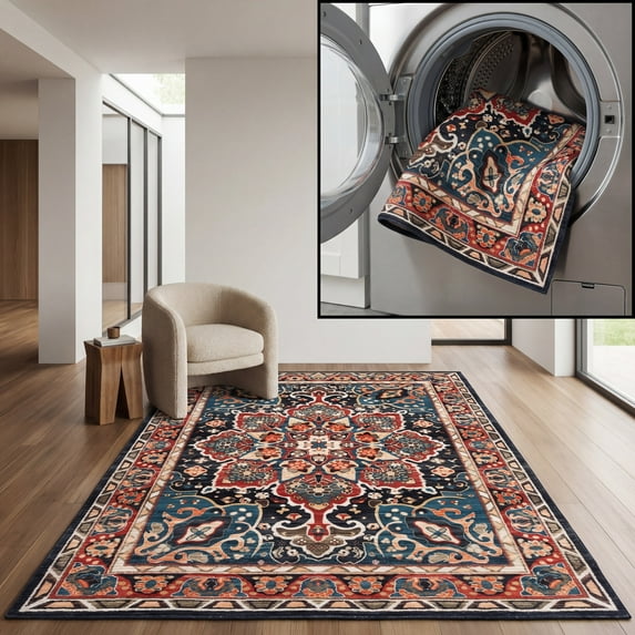 SAFAVIEH Riviera Ulysses Medallion Polyester Machine Washable Area Rug, Red/Navy, 6'7" x 6'7" Square