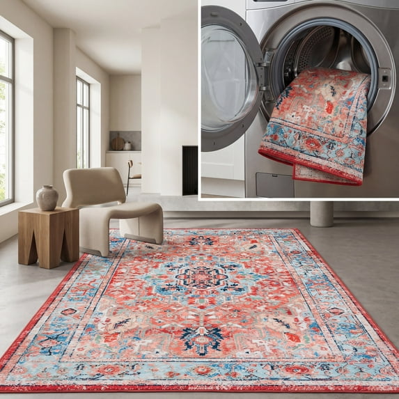 SAFAVIEH Riviera Vasil Medallion Polyester Machine Washable Area Rug, Light Blue/Red, 4'5" x 6'5"