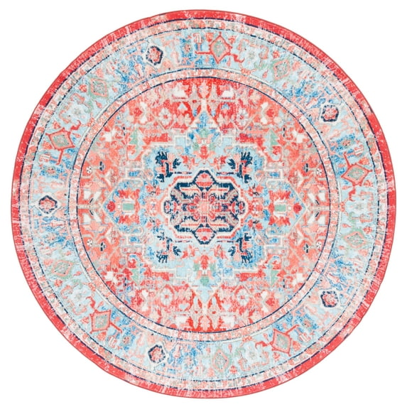 SAFAVIEH Riviera Vasil Medallion Polyester Machine Washable Area Rug, Light Blue/Red, 6'7" x 6'7" Round