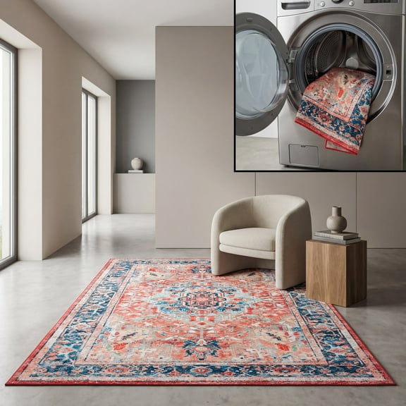 SAFAVIEH Riviera Vasil Medallion Polyester Machine Washable Area Rug, Navy/Red, 4'5" x 6'5"