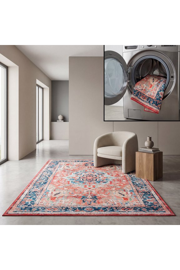 Riviera Vasil Medallion Polyester Machine Washable Area Rug, Navy/Red, 9' x 12'