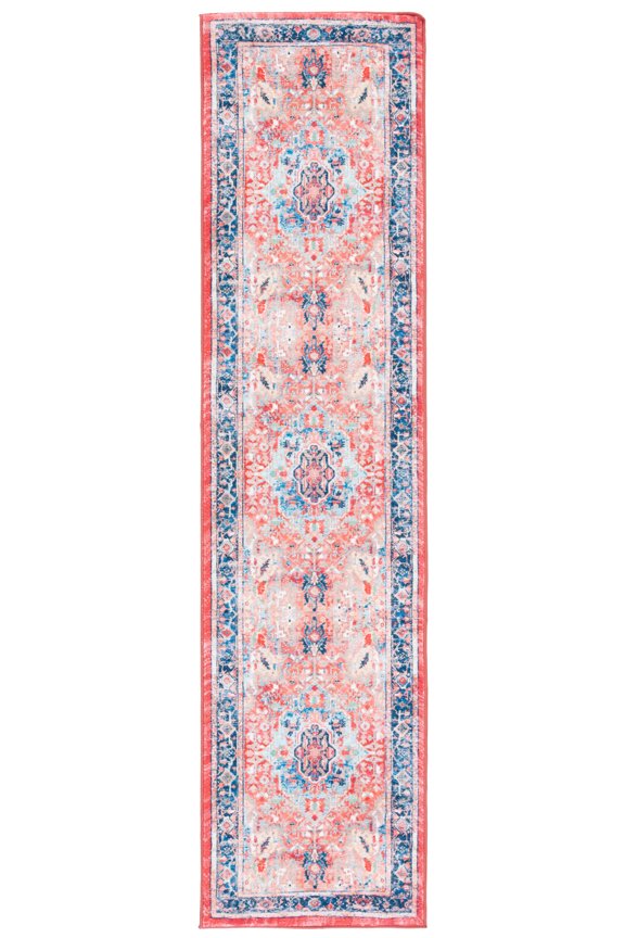 Riviera Vasil Medallion Polyester Machine Washable Runner Rug, Navy/Red, 2'2" x 9'