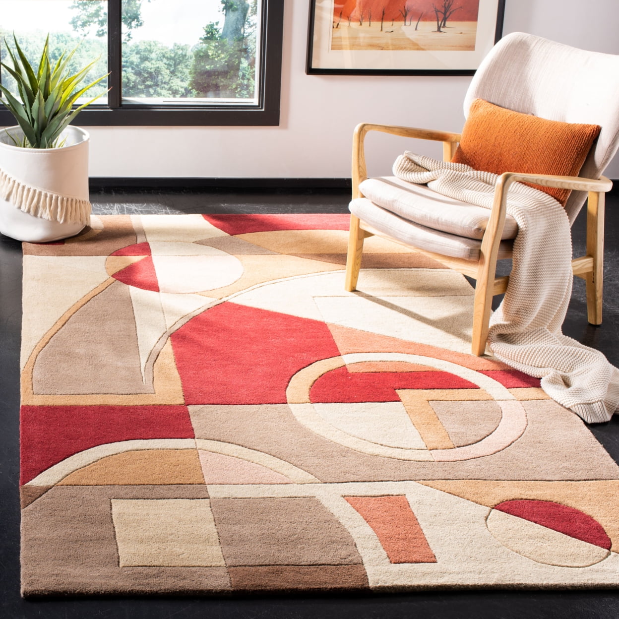 Beige and Multicolor Handmade Wool Abstract Area Rug