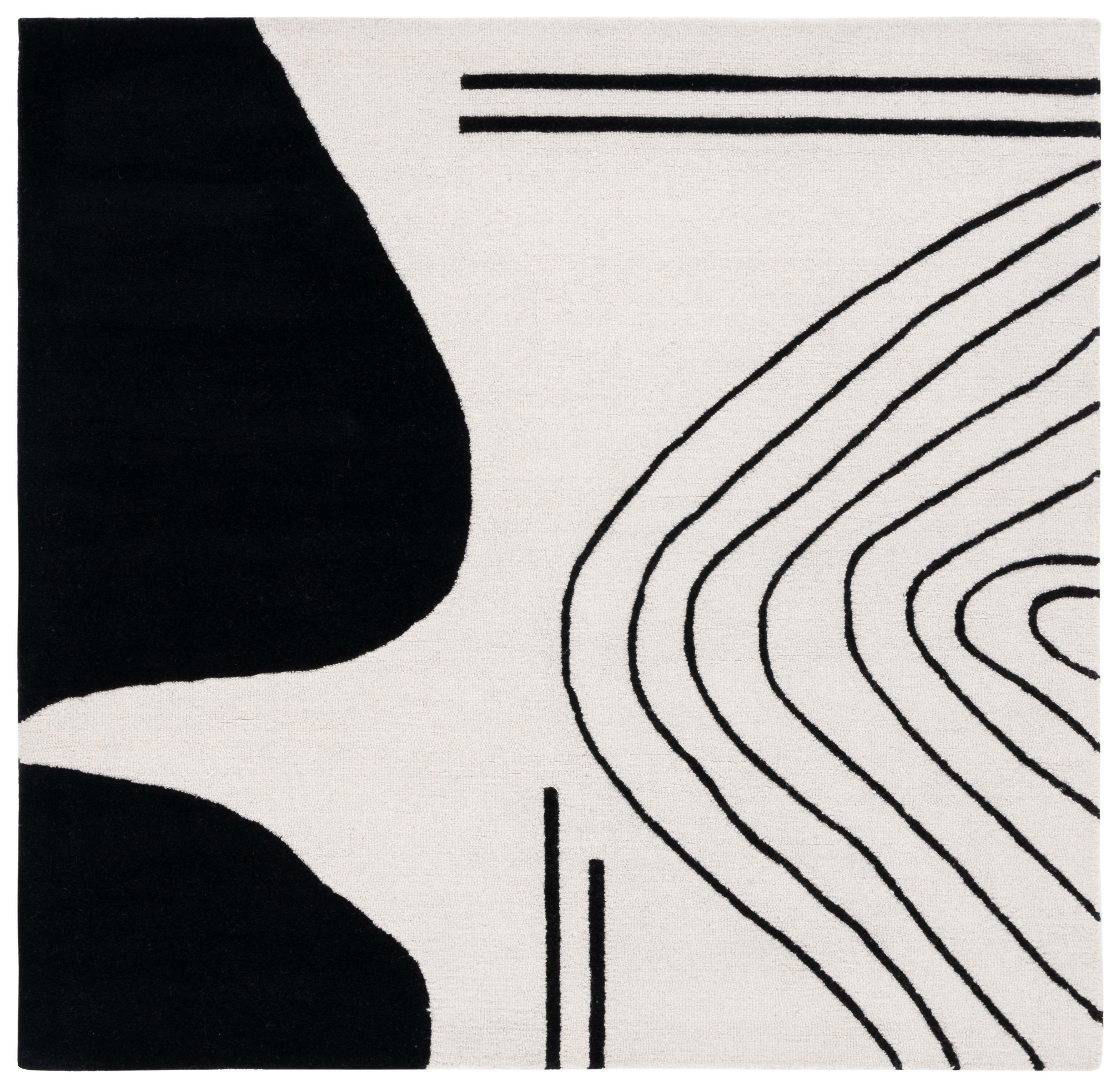 Ivory and Black Hand-Tufted Wool Square Area Rug