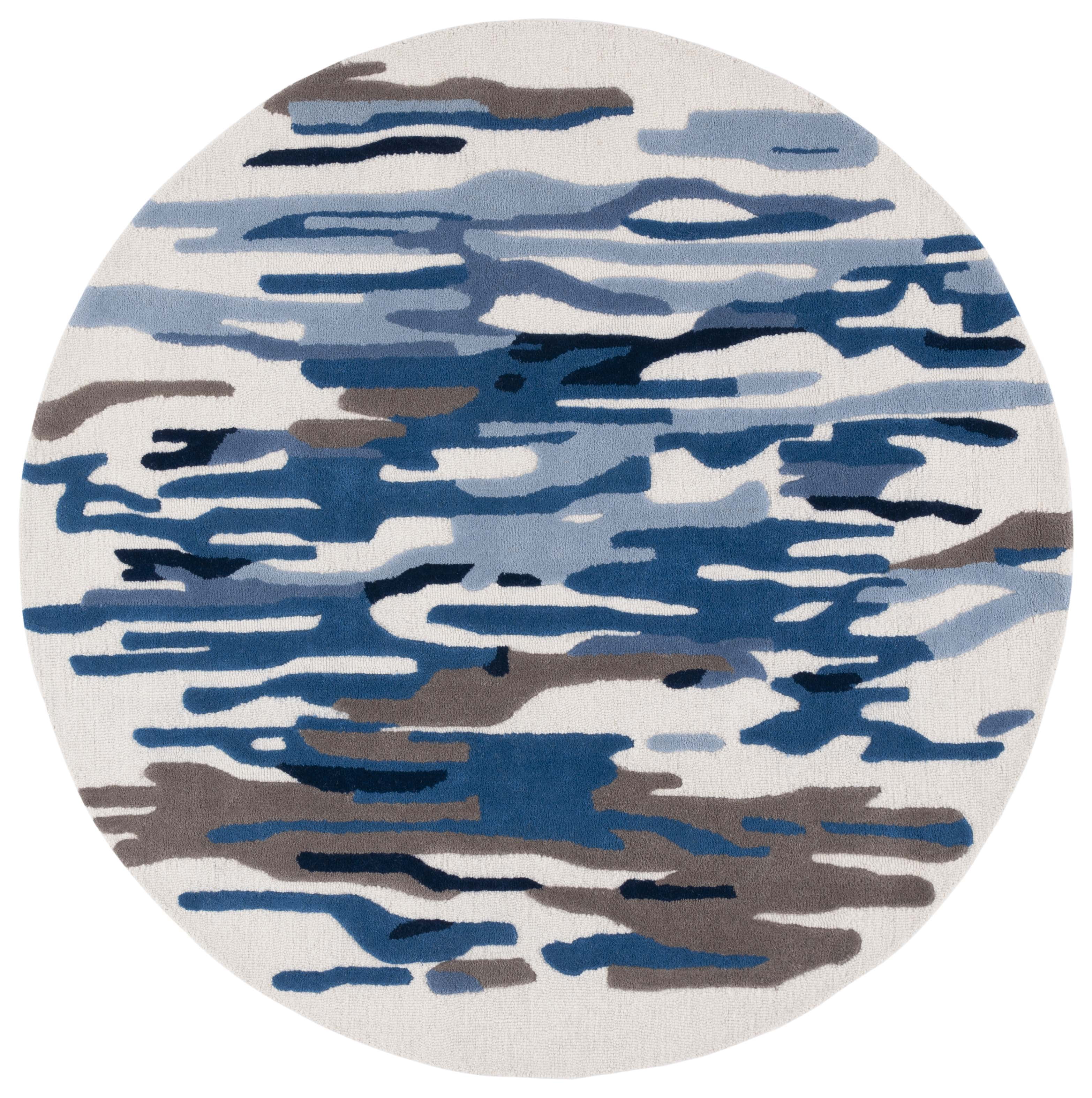 Ivory and Blue Round Hand-Tufted Wool Area Rug