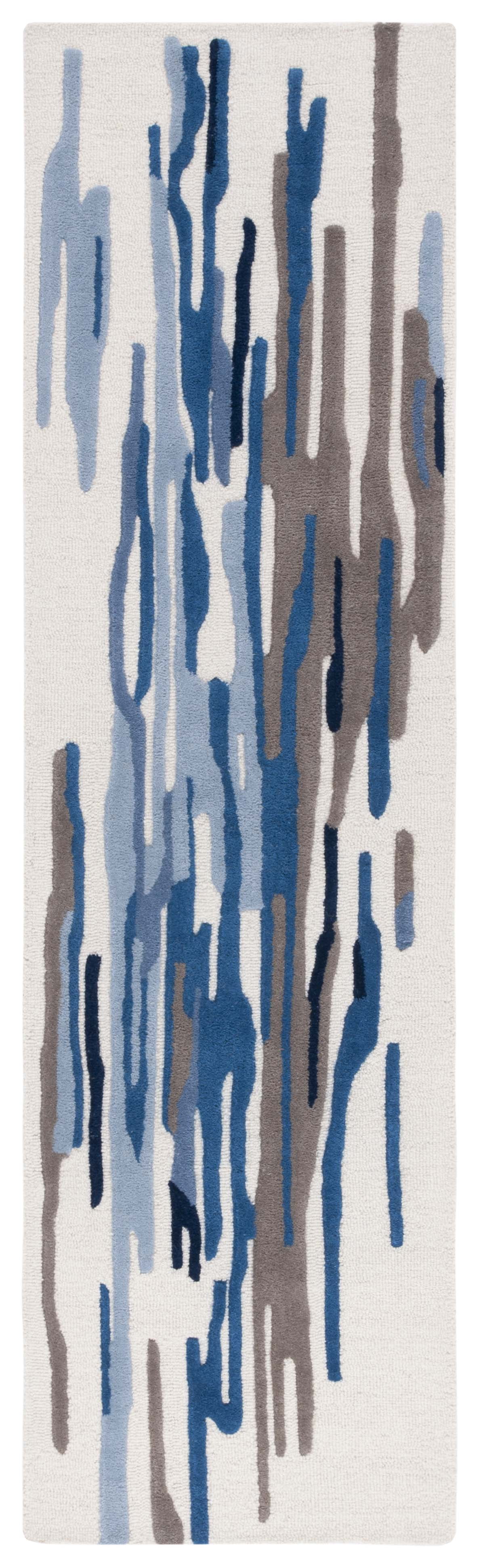 Ivory and Blue Hand-Tufted Wool Runner Rug