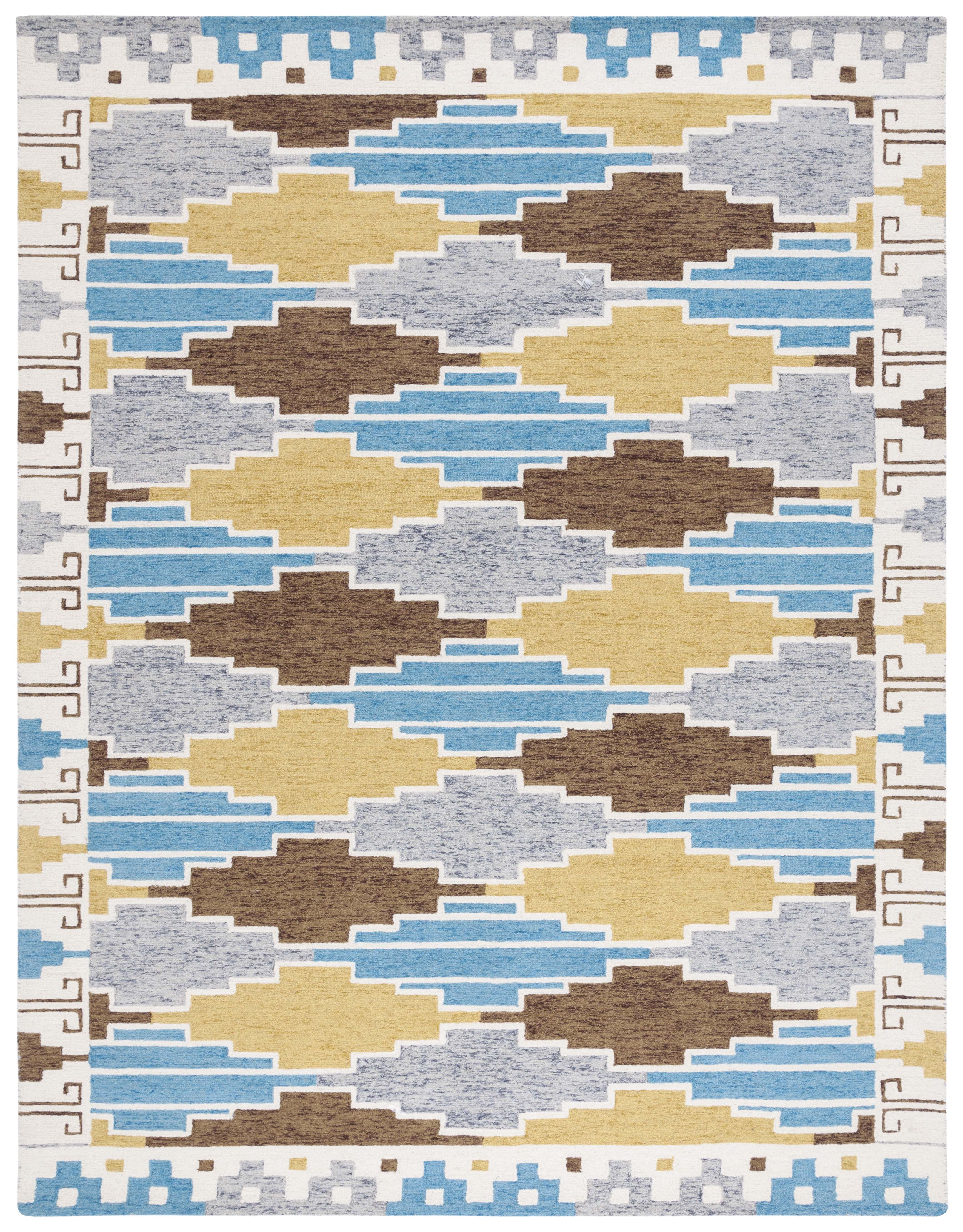 Blue and Ivory Hand-Tufted Wool Geometric 8' x 10' Area Rug