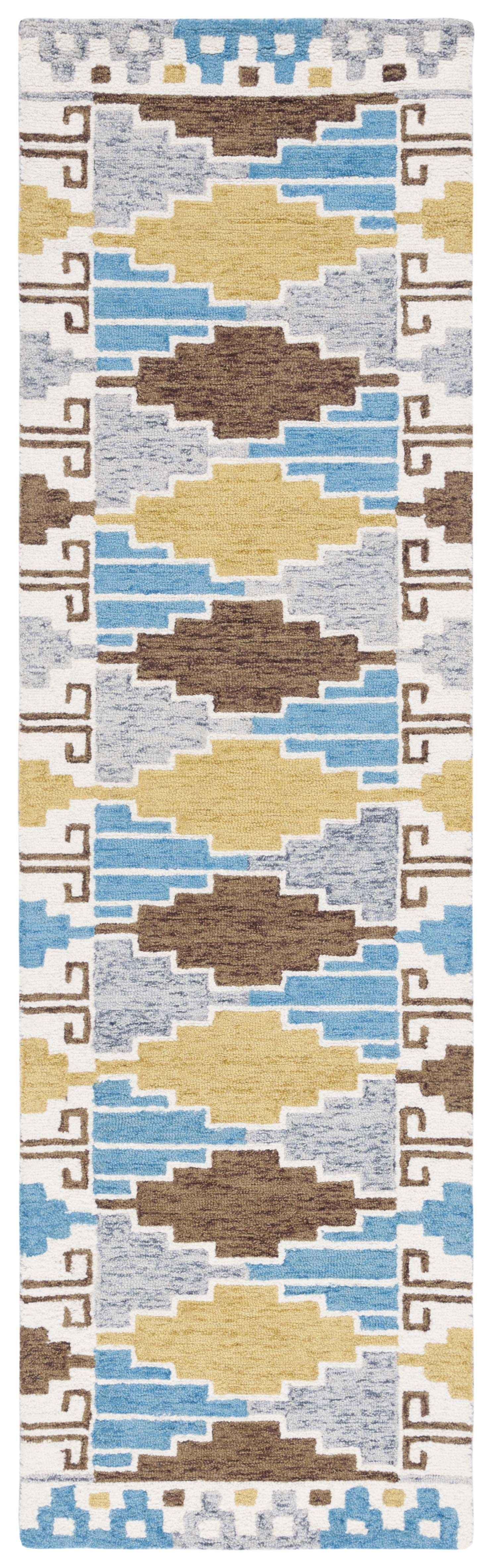 Ivory and Blue Geometric Hand-Tufted Wool Runner Rug