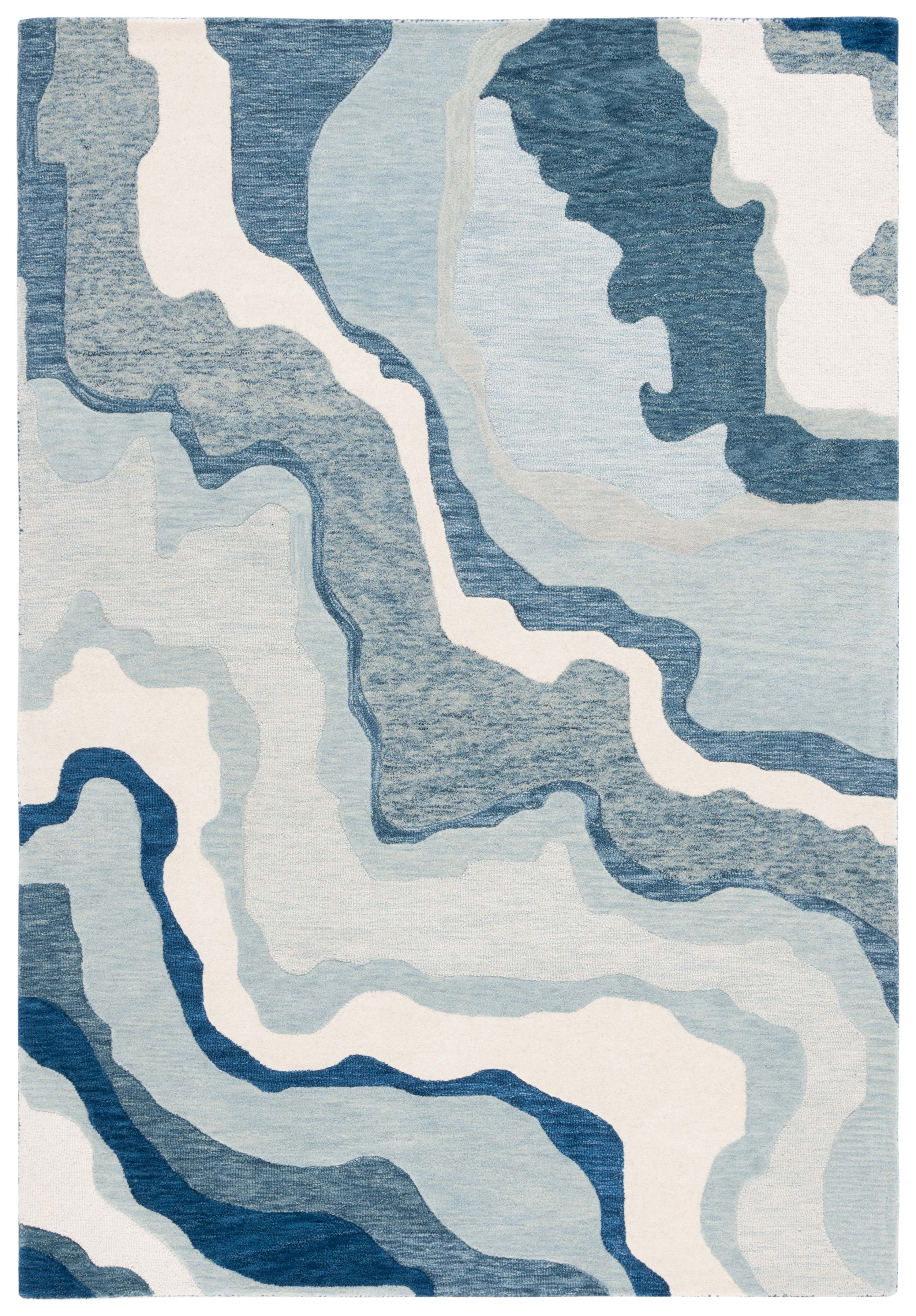 Ivory and Navy Hand-Tufted Wool Abstract 5' x 8' Rug