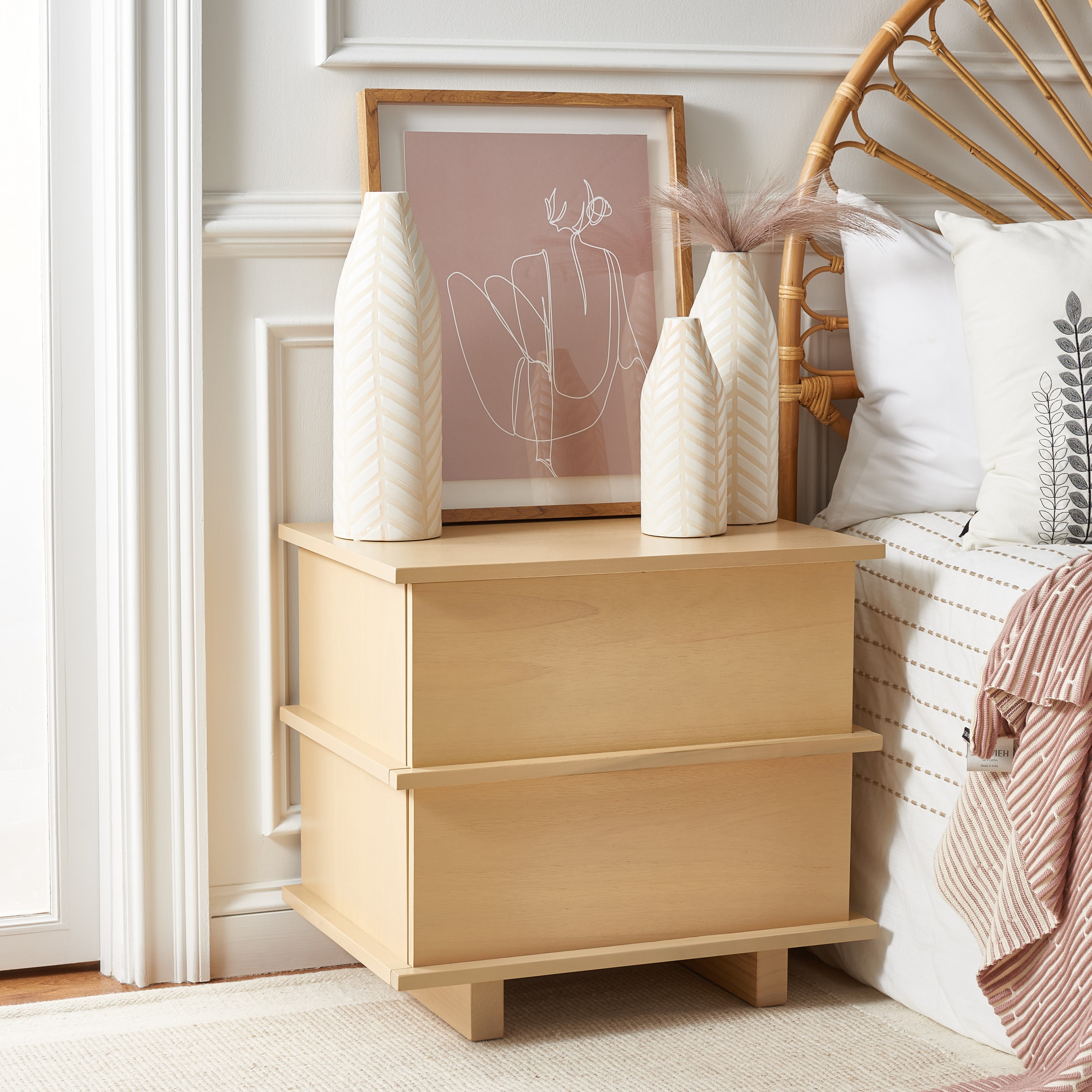 Nordic Light Brown 2 Drawer Wooden Night Table