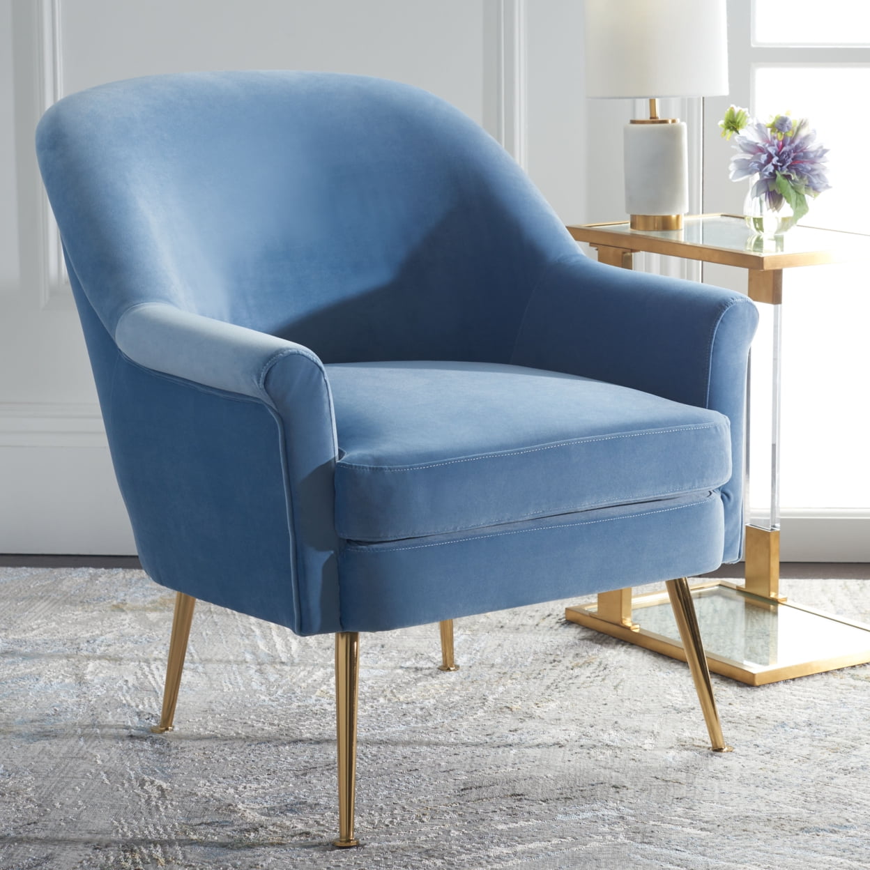 Rodrik Light Blue Velvet and Wood Accent Chair