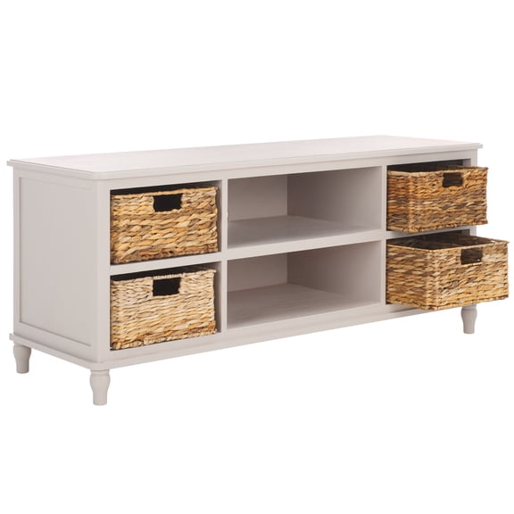 SAFAVIEH Rooney Solid Entertain.ment Unit with 4 Wicker Baskets, Summer Grey (47.2 in. W x 15.7 in. D x 20.1 in. H)