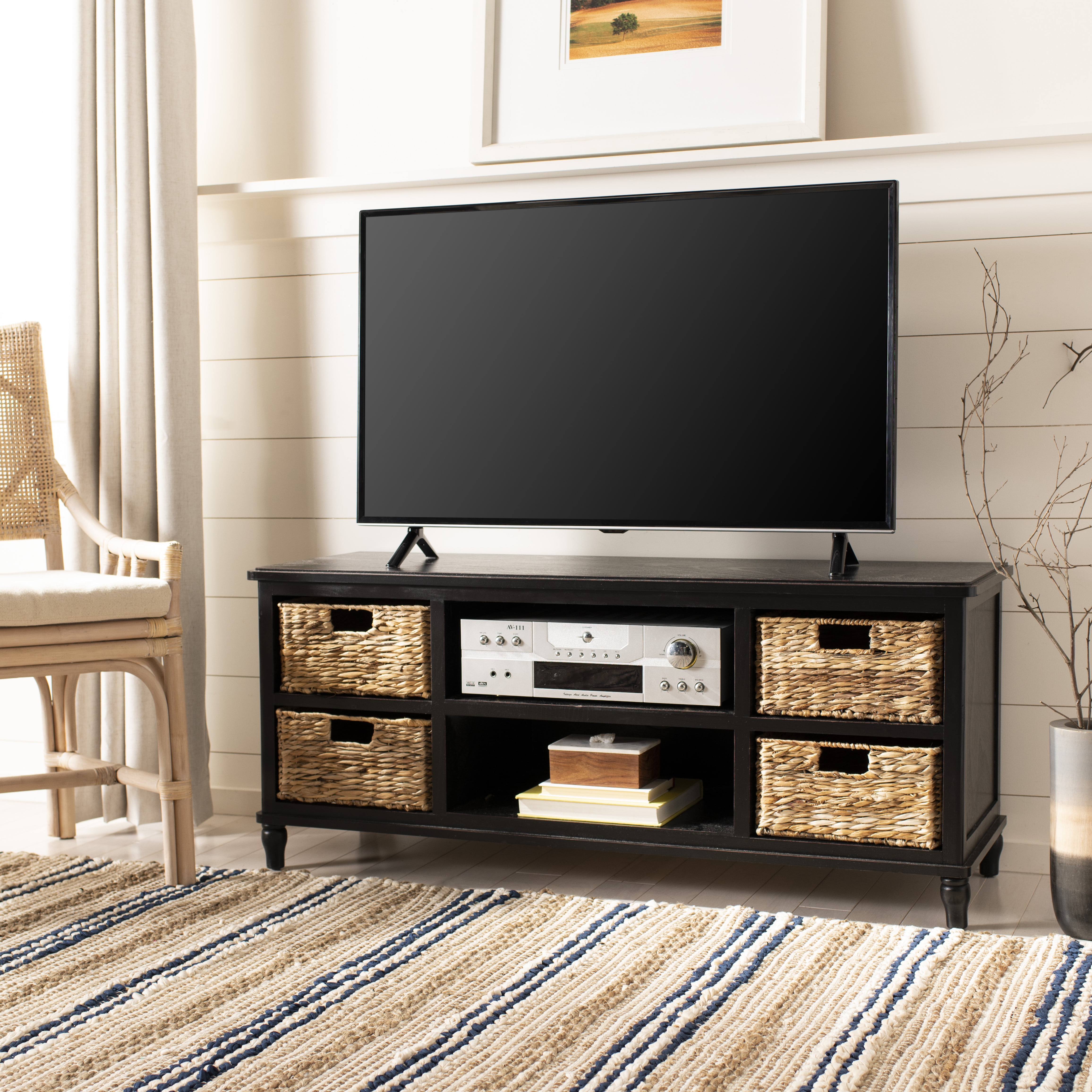 SAFAVIEH Rooney TV Stand with 4 Wicker Baskets, Distressed Black