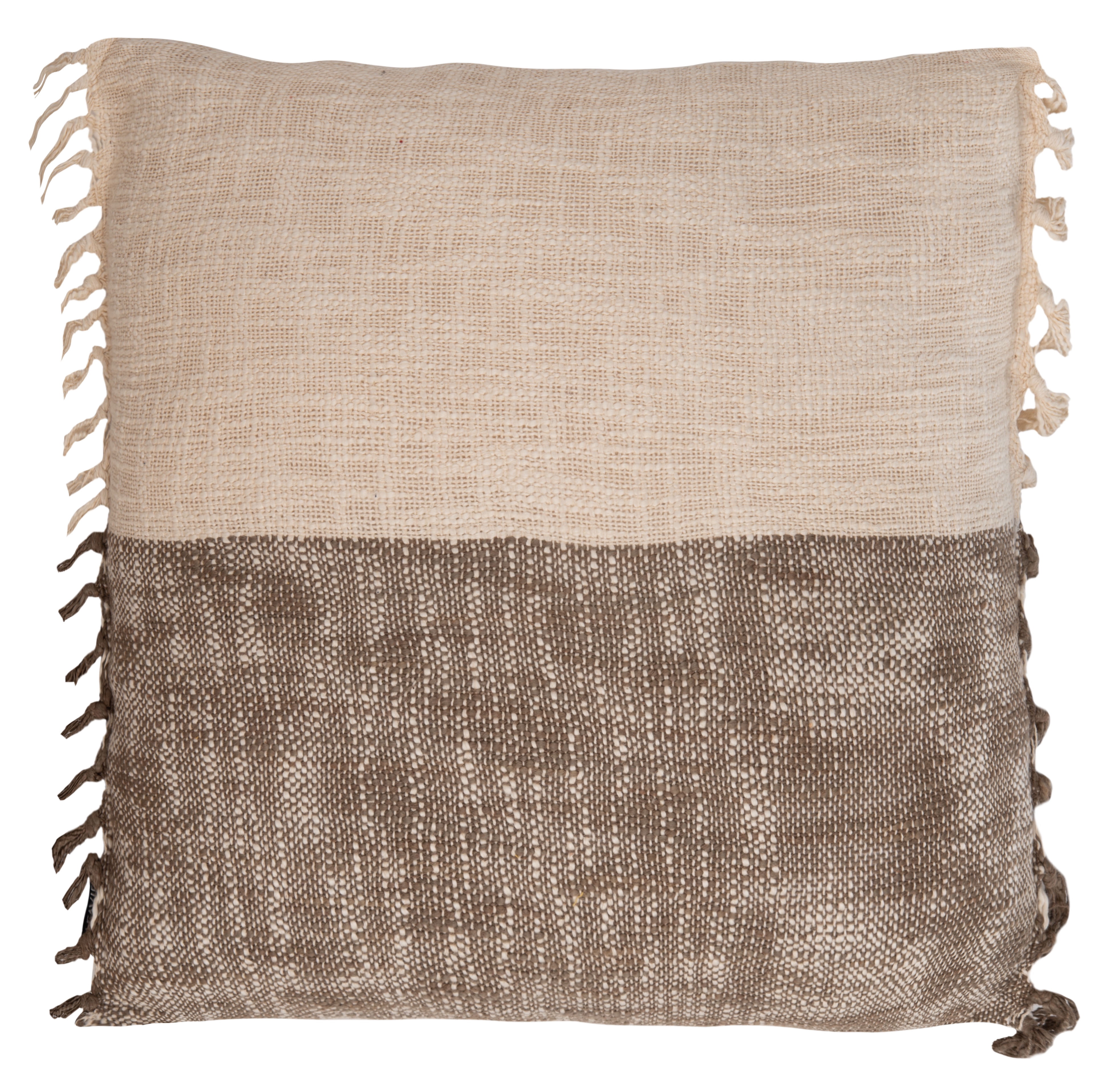 Beige and Grey Cotton Fringed Square Throw Pillow