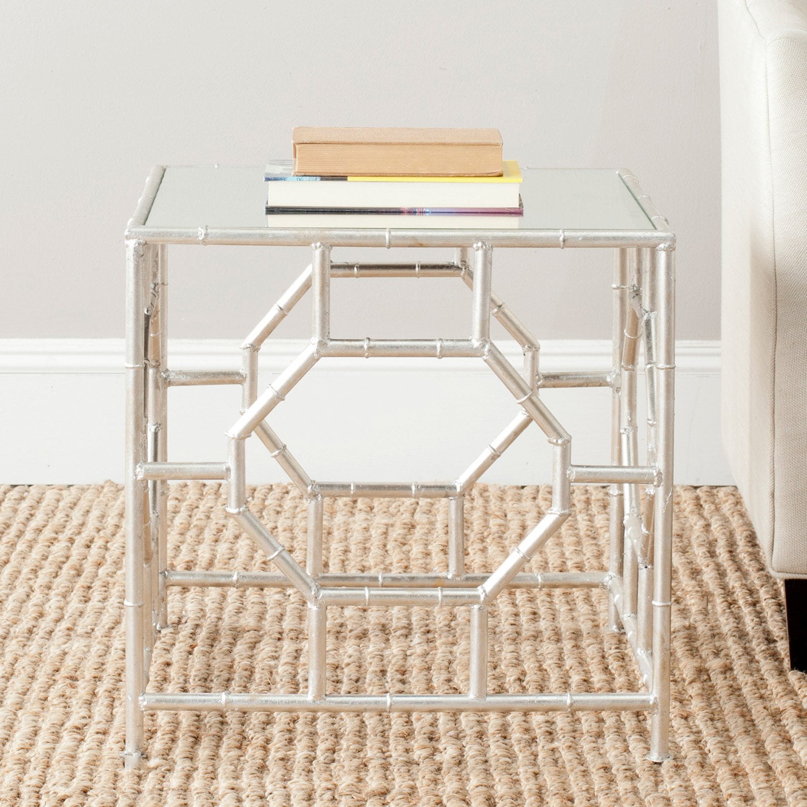 Chic Rory Silver Square Mirrored Accent Table with Faux Bamboo Base