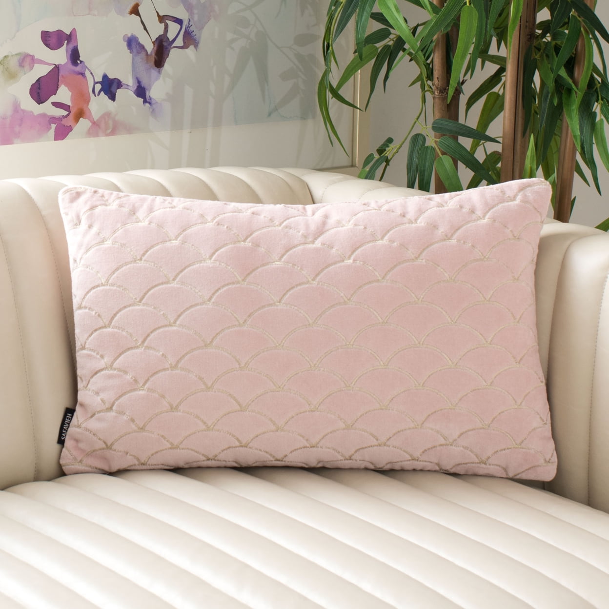 Blush Pink Geometric Embroidered Velvet Throw Pillow
