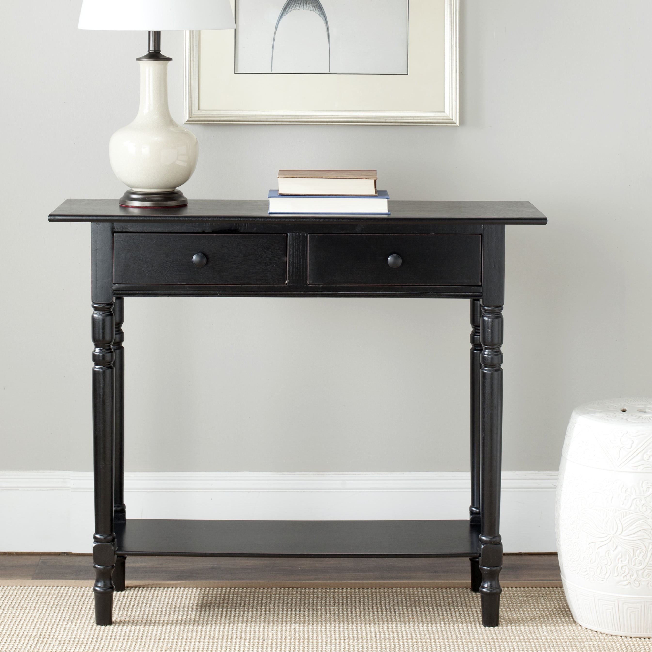 SAFAVIEH Rosemary Solid Contemporary 2 Drawer Console with Shelf, Distressed Black