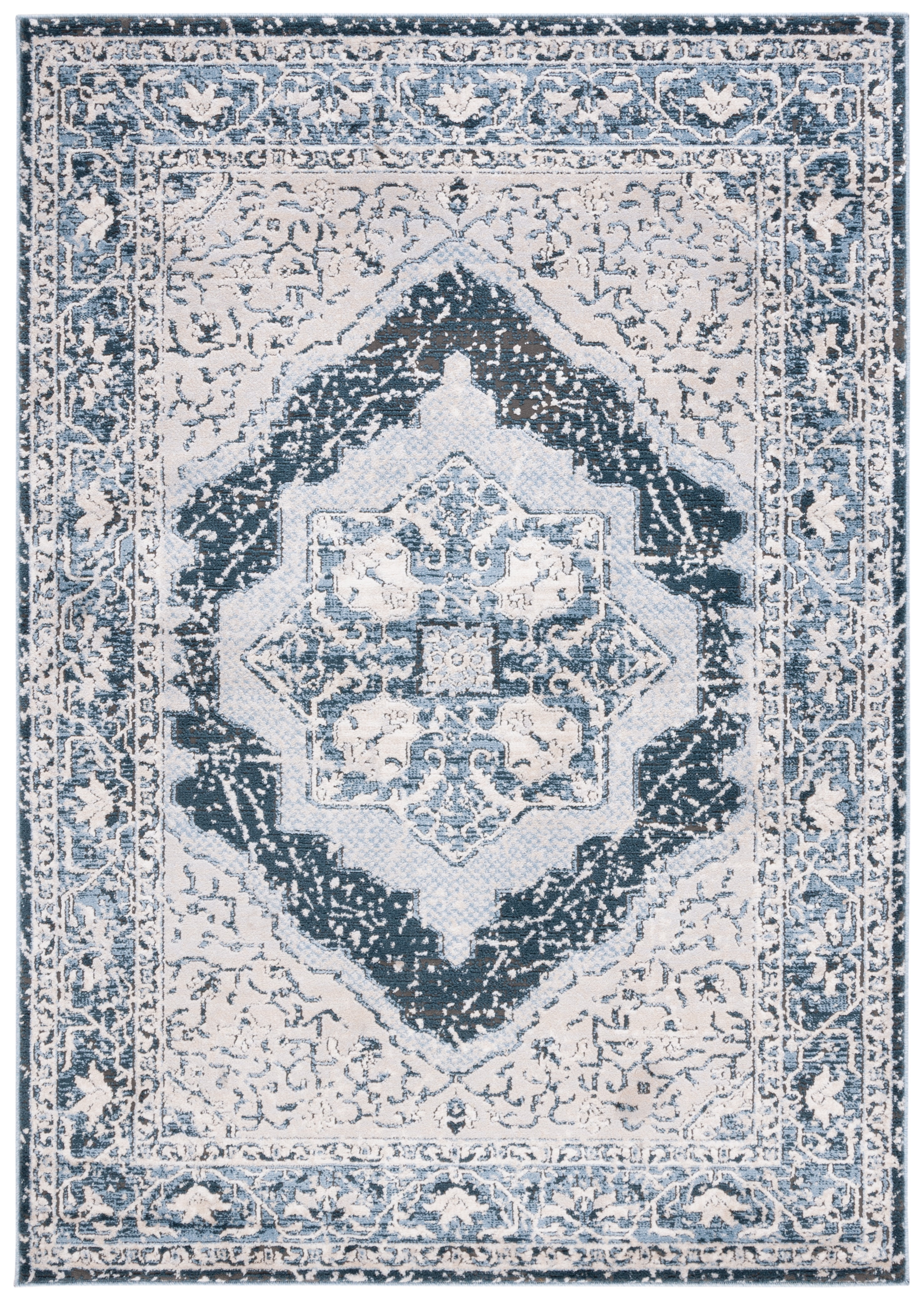 Isabella Cream and Dark Blue Synthetic Area Rug, 4' x 6'