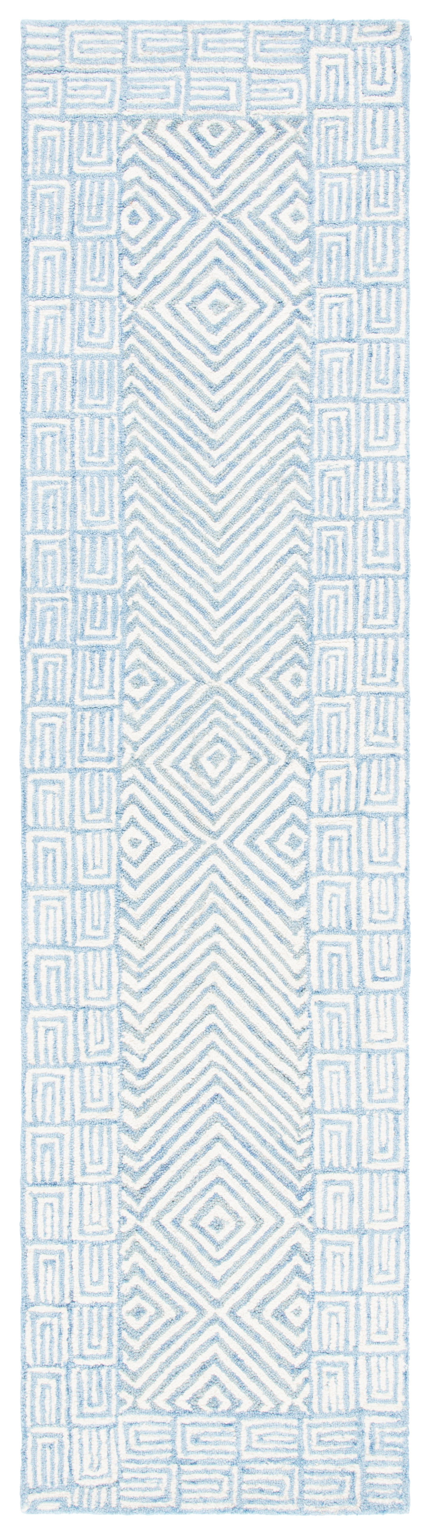 Light Blue and Ivory Wool Geometric Runner Rug