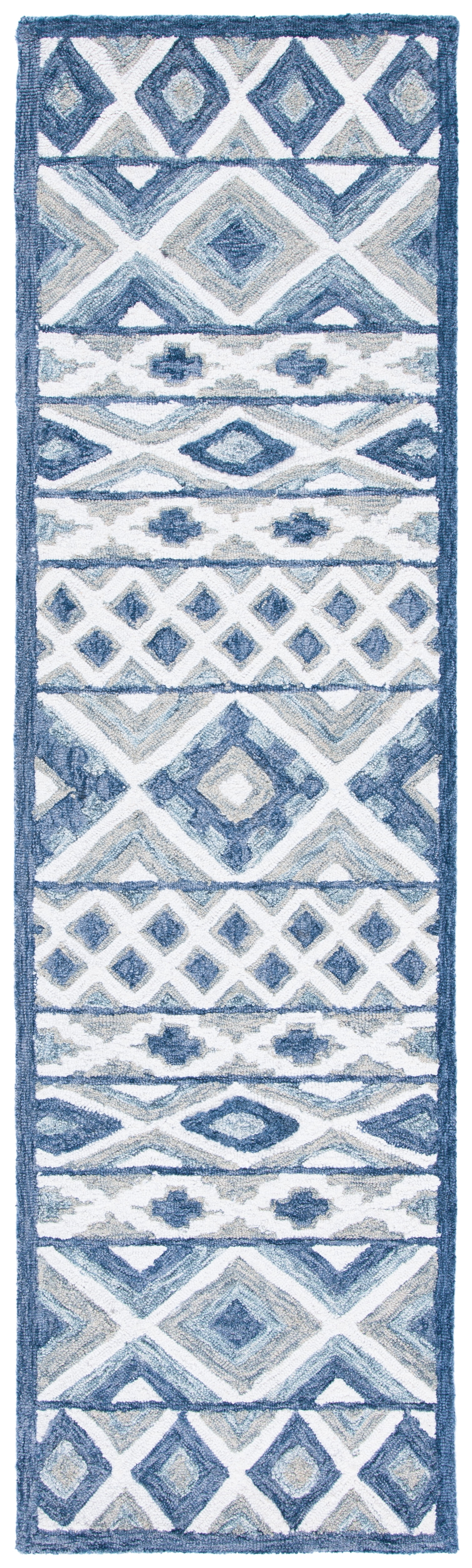 Hand-Tufted Blue and Grey Wool Geometric Runner Rug