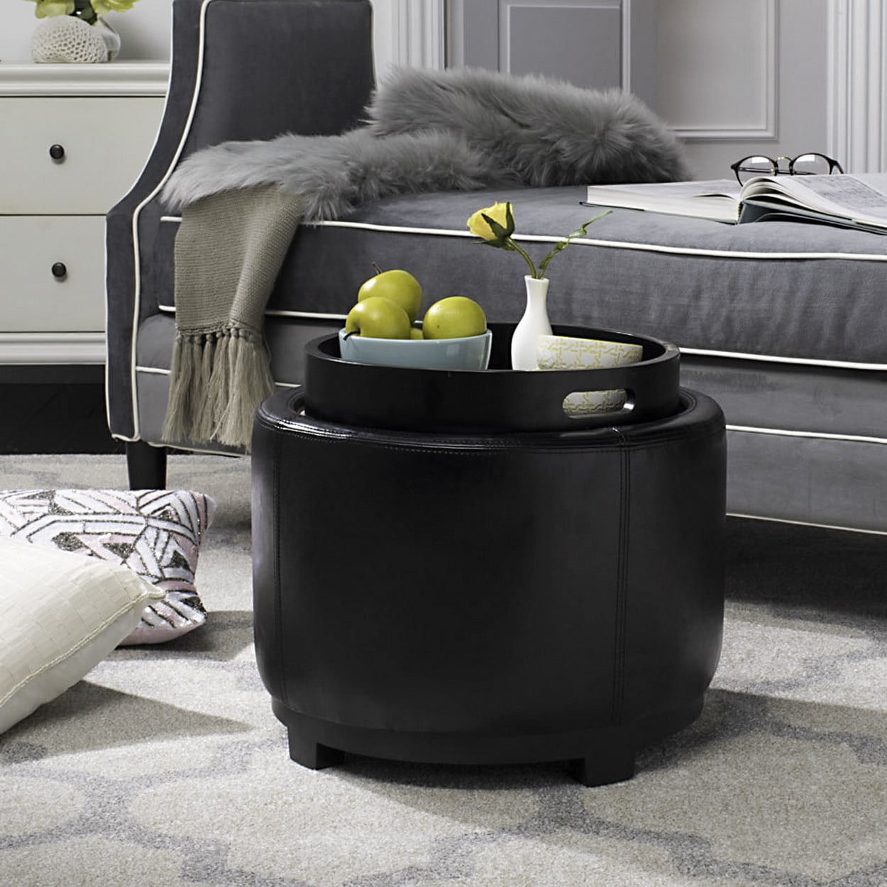 SAFAVIEH Round Modern Glam Storage Tray Ottoman, Black