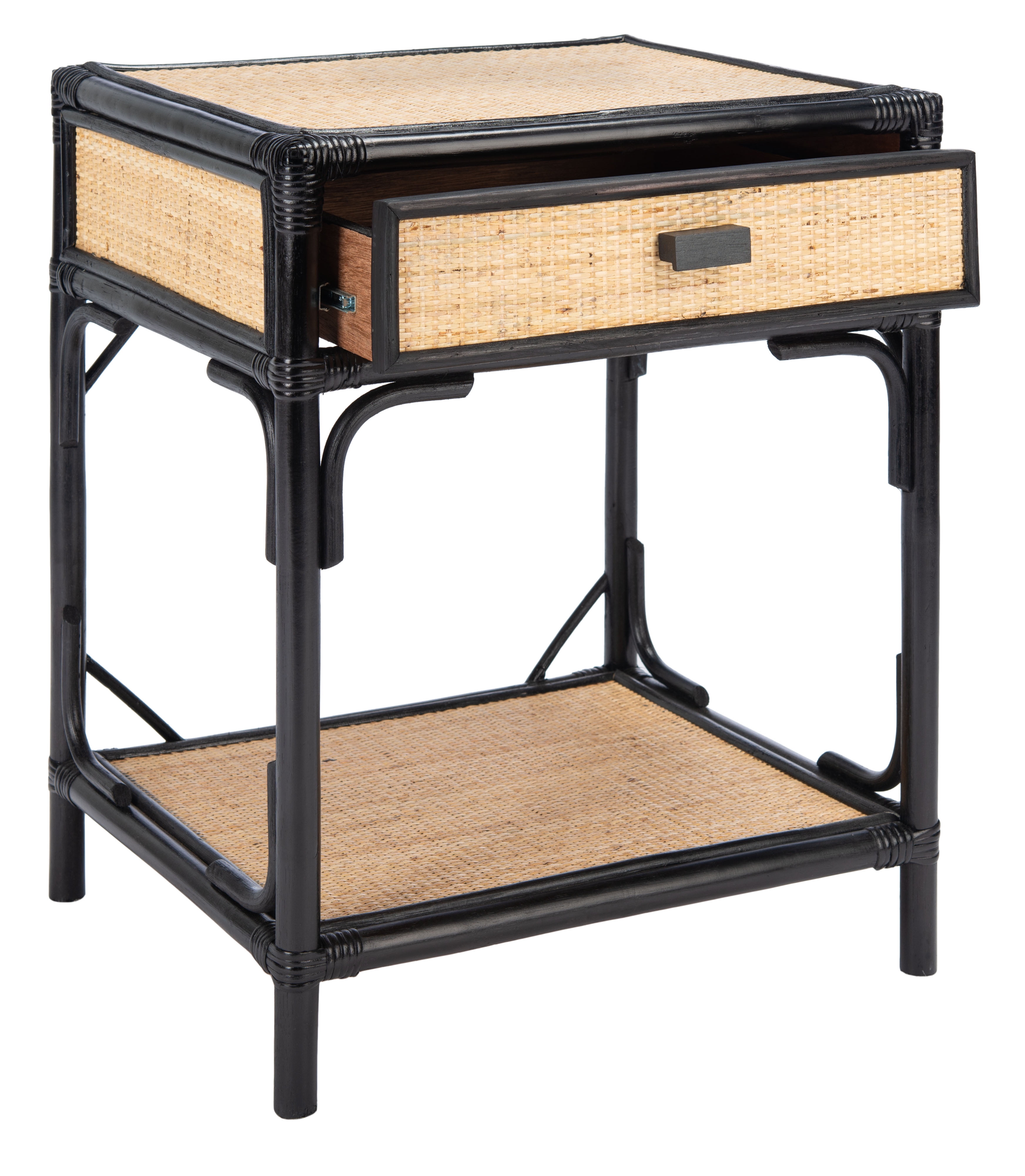 Roya Black and Natural Rattan 1-Drawer Nightstand