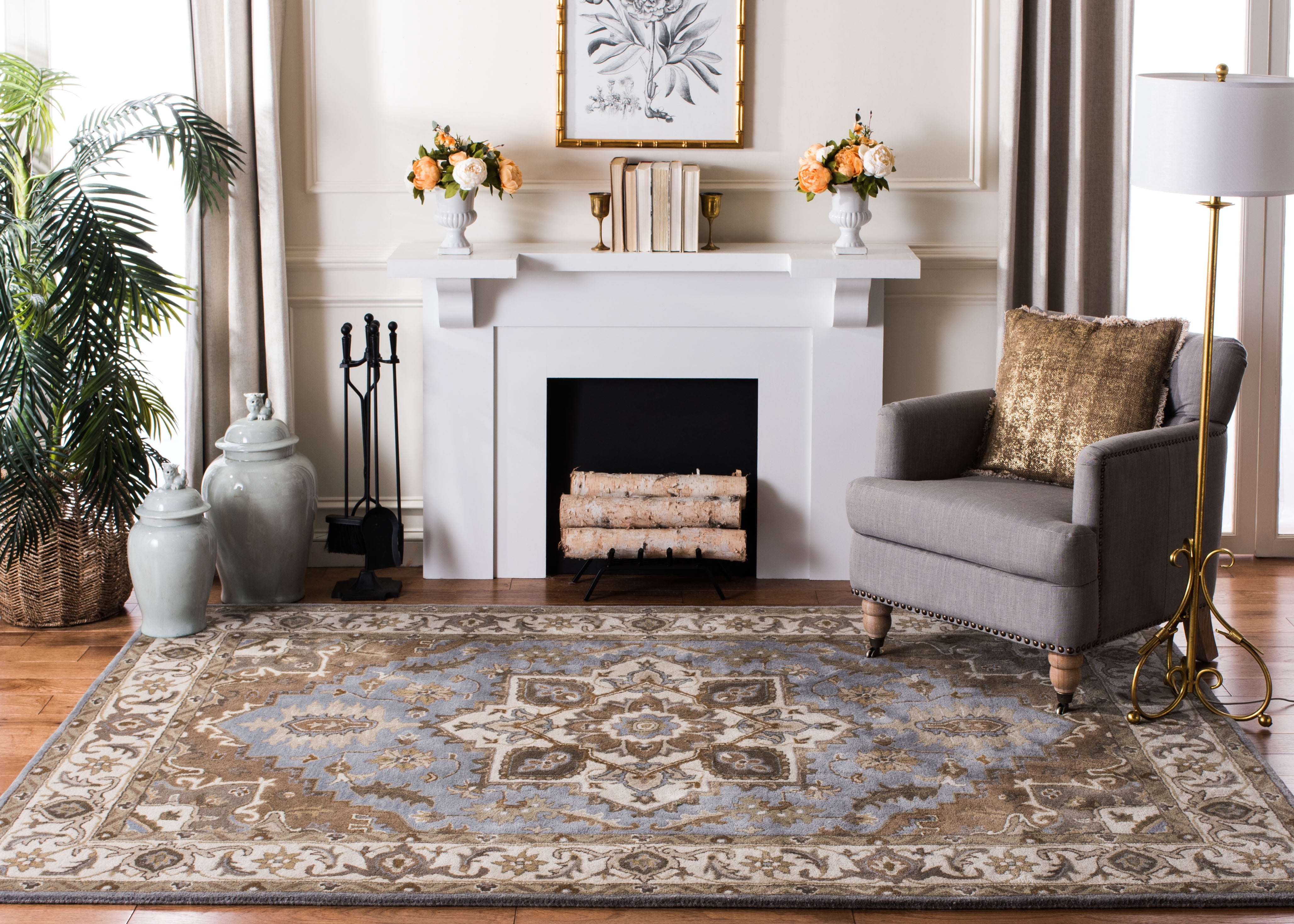Handmade Light Blue and Beige Wool Tufted Round Rug