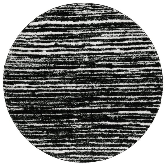 SAFAVIEH Rumi Barrett Striped Polyester Shag Area Rug, Black/Ivory, 6'7" x 6'7" Round