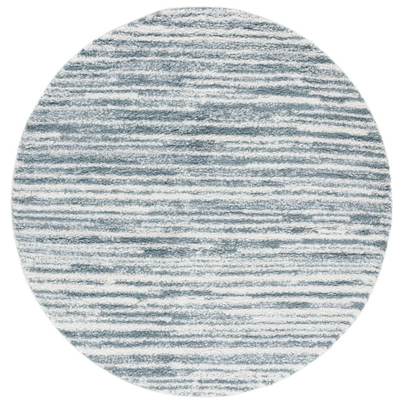 SAFAVIEH Rumi Barrett Striped Polyester Shag Area Rug, Light Blue/Ivory, 6'7" x 6'7" Round