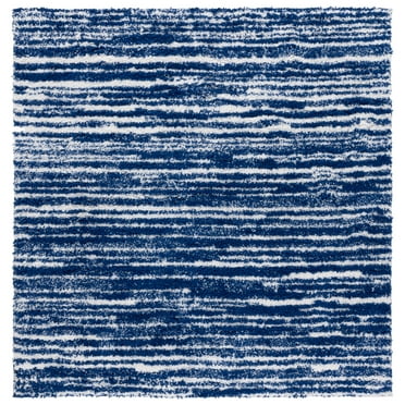 SAFAVIEH Rumi Barrett Striped Polyester Shag Area Rug, Navy/Ivory, 6'7" x 6'7" Square