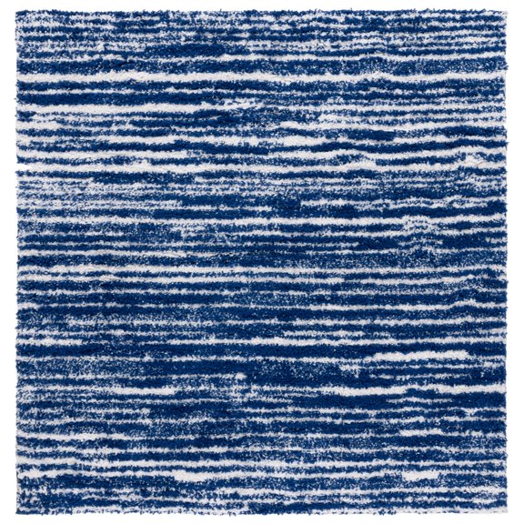 SAFAVIEH Rumi Barrett Striped Polyester Shag Area Rug, Navy/Ivory, 6'7" x 6'7" Square