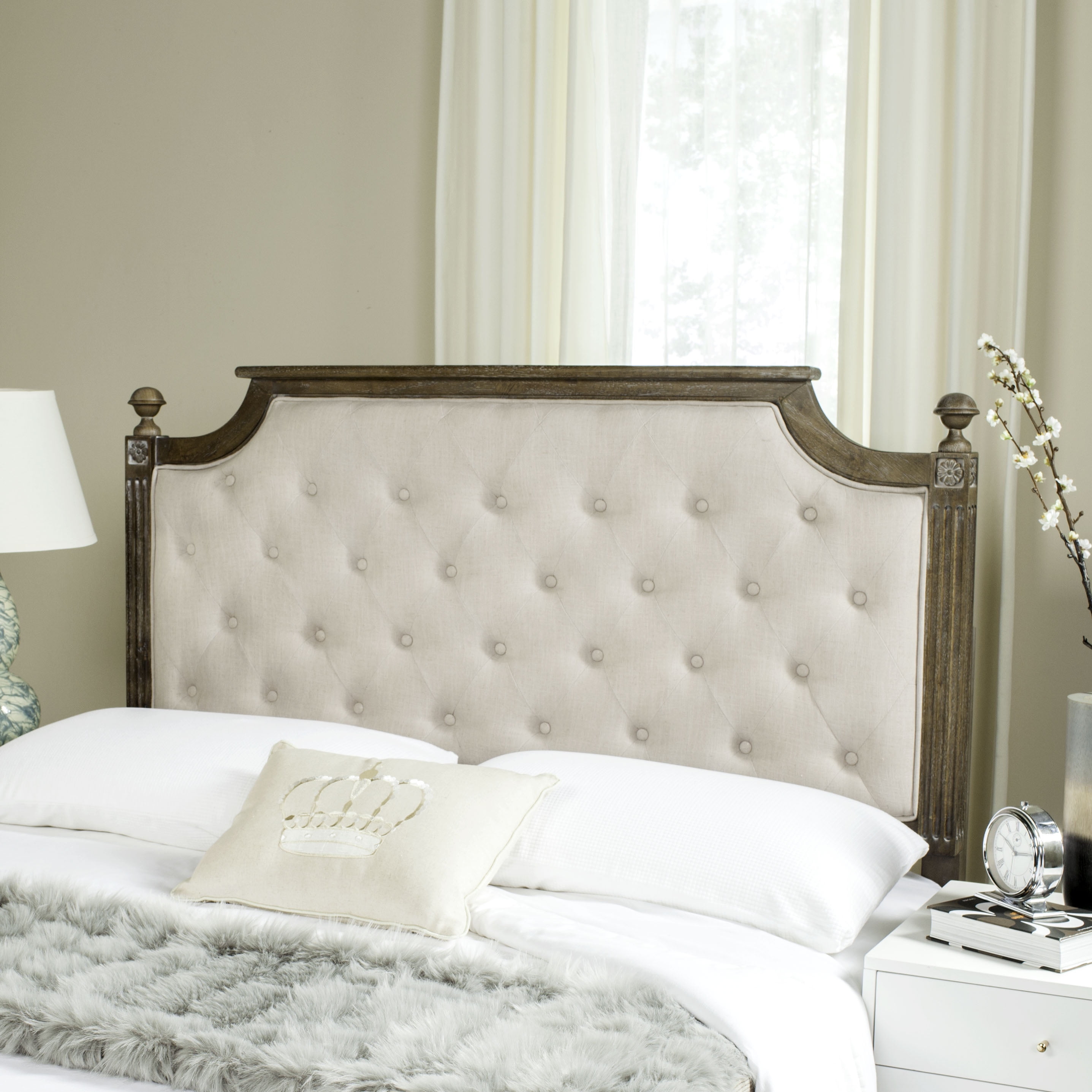 SAFAVIEH Rustic Wood Tufted Upholstered Headboard, Queen, Beige Linen