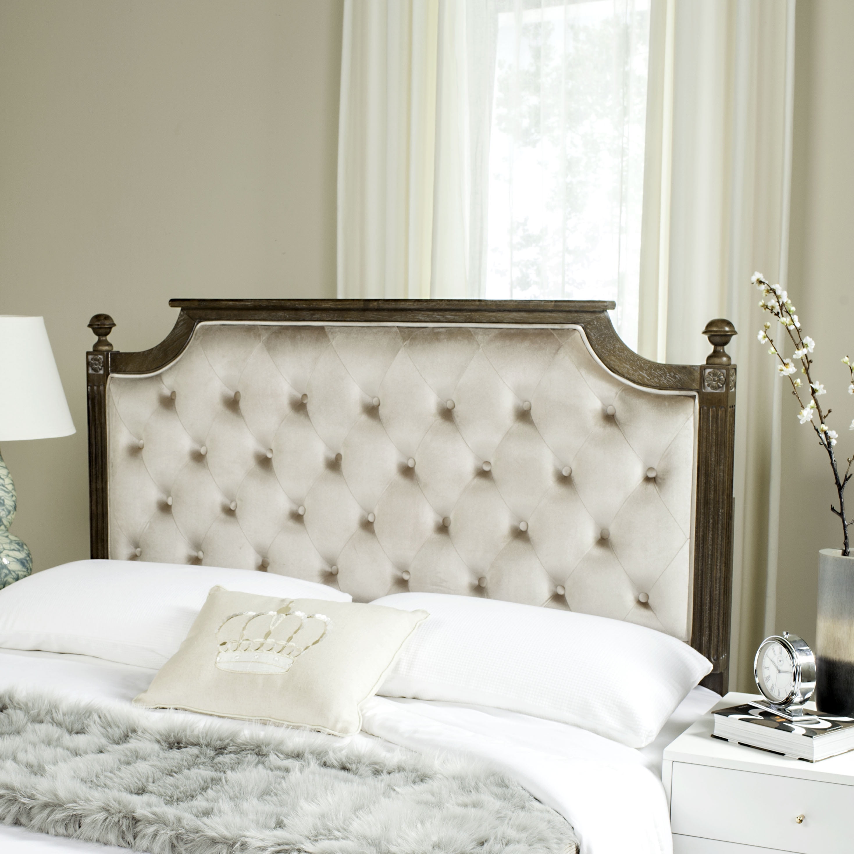 Safavieh Rustic Wood Beige Tufted Velvet Queen Headboard