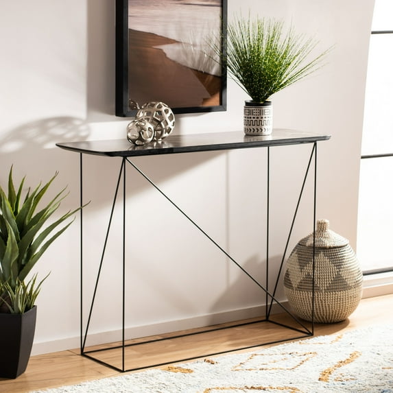 Safavieh Rylee Modern Wood and Metal Console Table, Dark Sandstone/Black