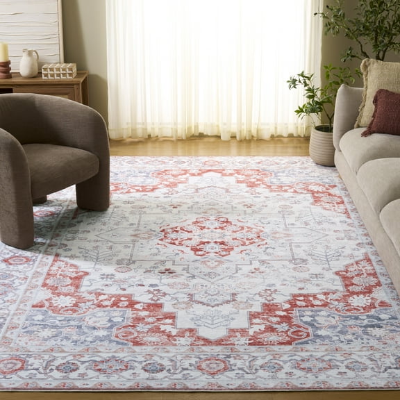 SAFAVIEH Arizona Seine Oriental Machine Washable Area Rug, Light Gray/Rust, 8' x 10'